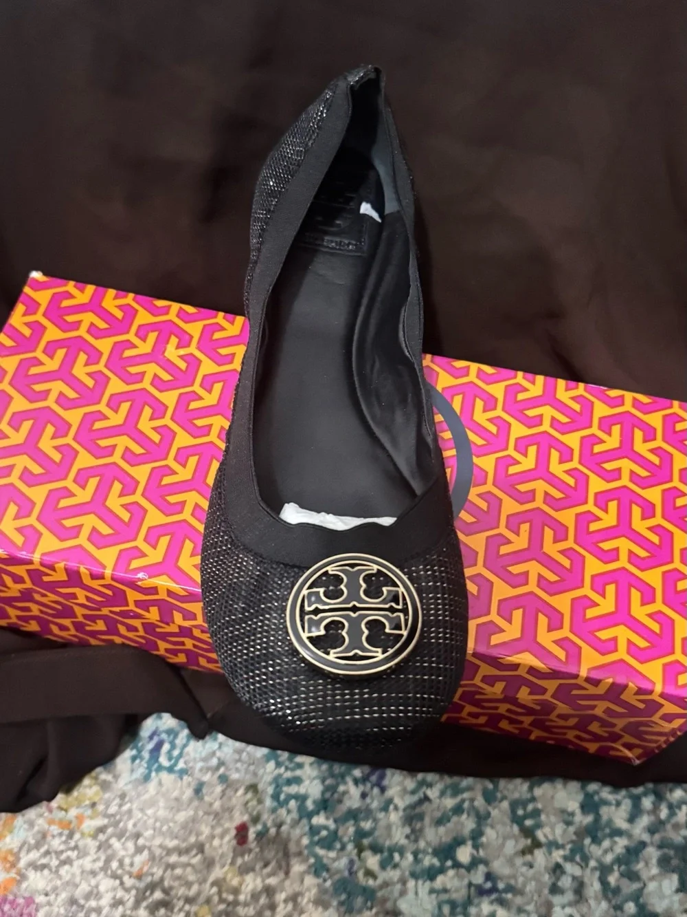 Tory Burch Black Logo Round-Toe Ballet Flat